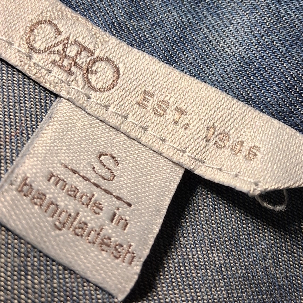 Cato 100% Tencel Blue Chambray Tie Neck Bow Blouse Shirt Small - Picture 8 of 9